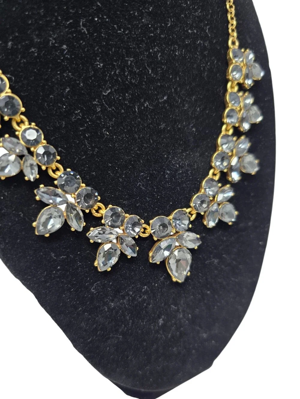 J Crew Smoky Gray Crystal Statement Bib Necklace Gold Tone Chain